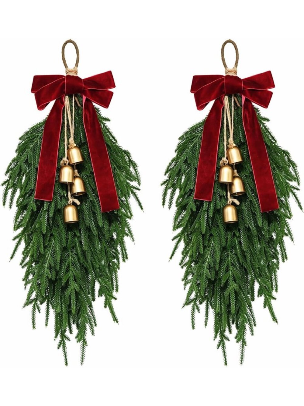 Festive Teardrop Swag - Christmas Pine Needle Wreath with Bow & Bells for Door